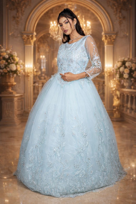 Seafoam Green Net Wedding Gown with Floral Bead & Sequin Embroidery