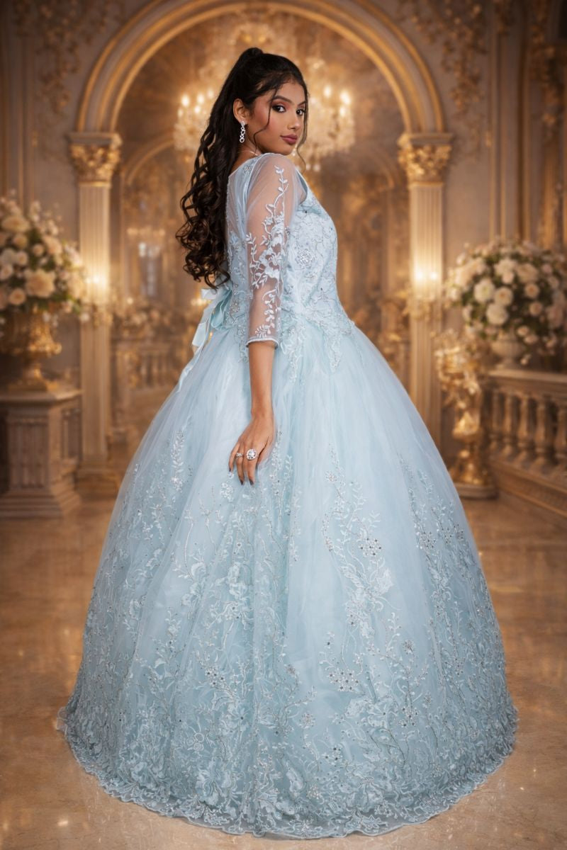 Seafoam Green Net Wedding Gown with Floral Bead & Sequin Embroidery