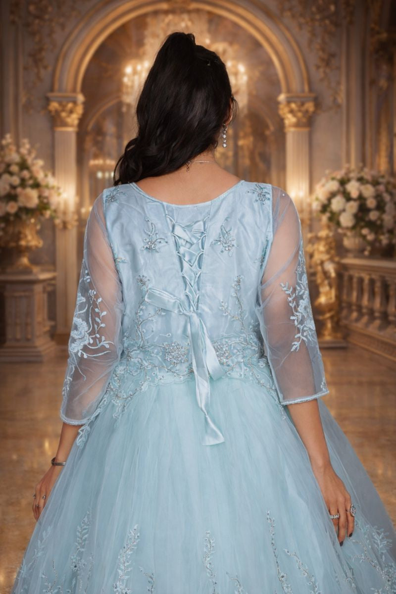 Seafoam Green Net Wedding Gown with Floral Bead & Sequin Embroidery