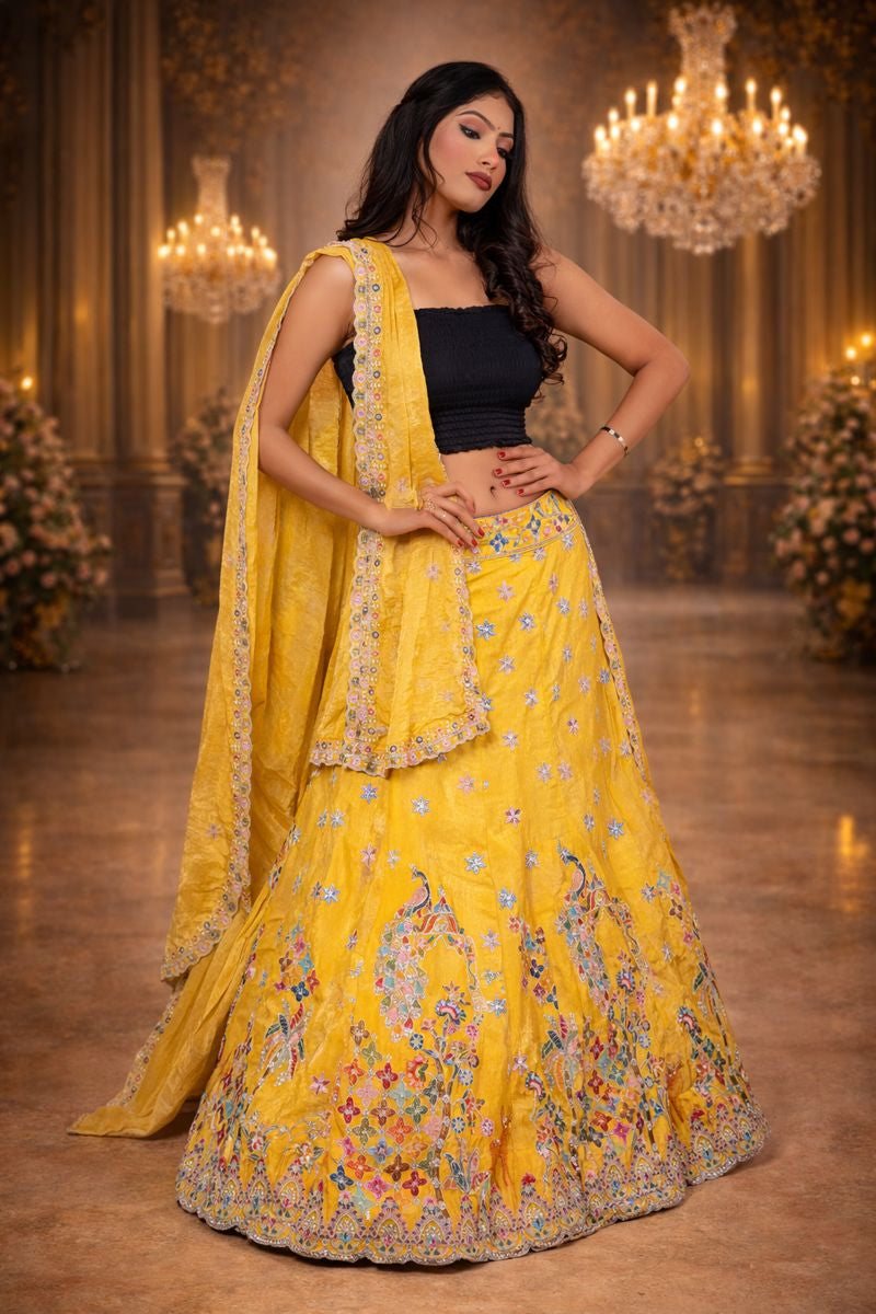 Yellow Golden Chanderi Silk Lehenga with Sequin Floral and Diamond Work Embroidery