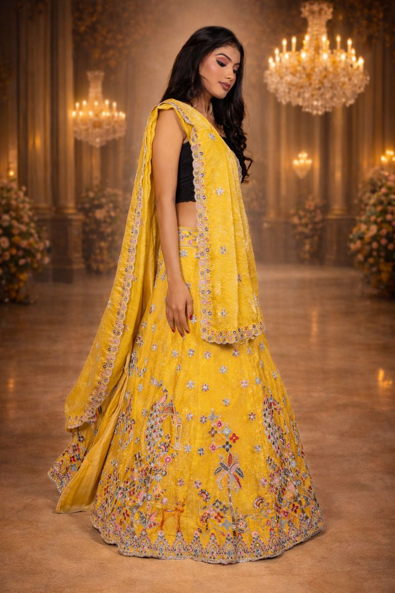 Yellow Golden Chanderi Silk Lehenga with Sequin Floral and Diamond Work Embroidery