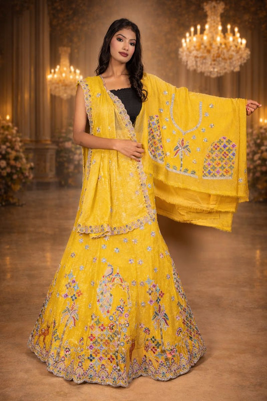 Yellow Golden Chanderi Silk Lehenga with Sequin Floral and Diamond Work Embroidery