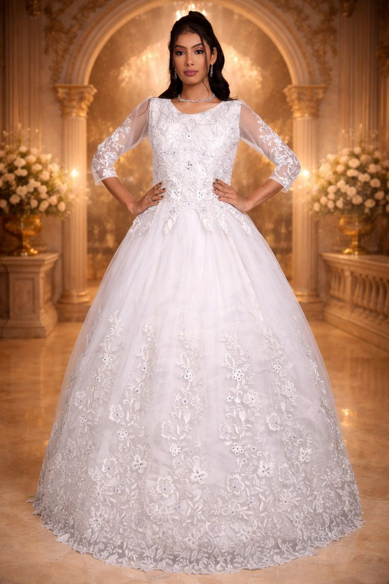 Greyish White Net Festive Gown with Floral Embroidery, Diamond & Sequin Work