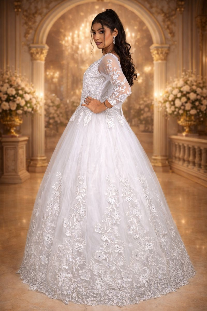 Greyish White Net Festive Gown with Floral Embroidery, Diamond & Sequin Work