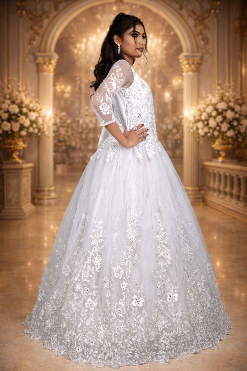 Greyish White Net Festive Gown with Floral Embroidery, Diamond & Sequin Work