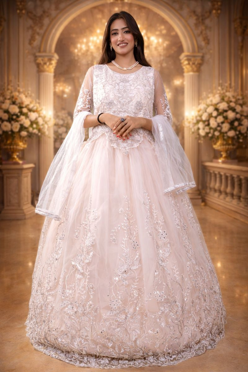 Cream Net Luxurious Gown with Floral Embroidery, Diamond & Sequin Work