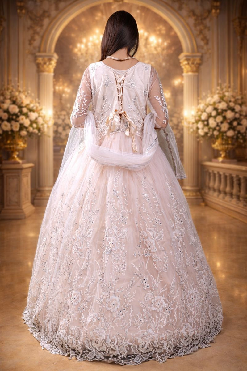 Cream Net Luxurious Gown with Floral Embroidery, Diamond & Sequin Work