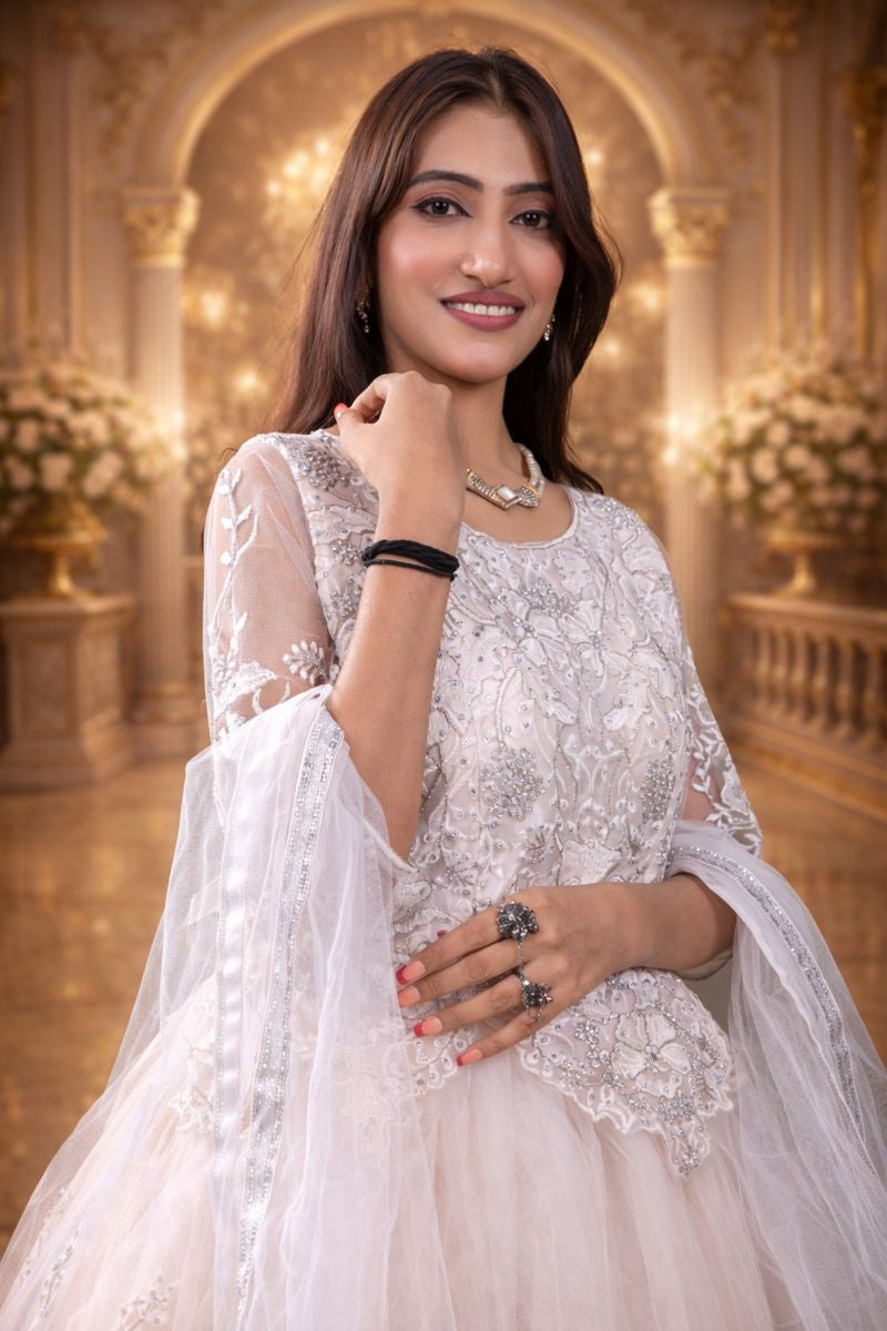 Cream Net Luxurious Gown with Floral Embroidery, Diamond & Sequin Work