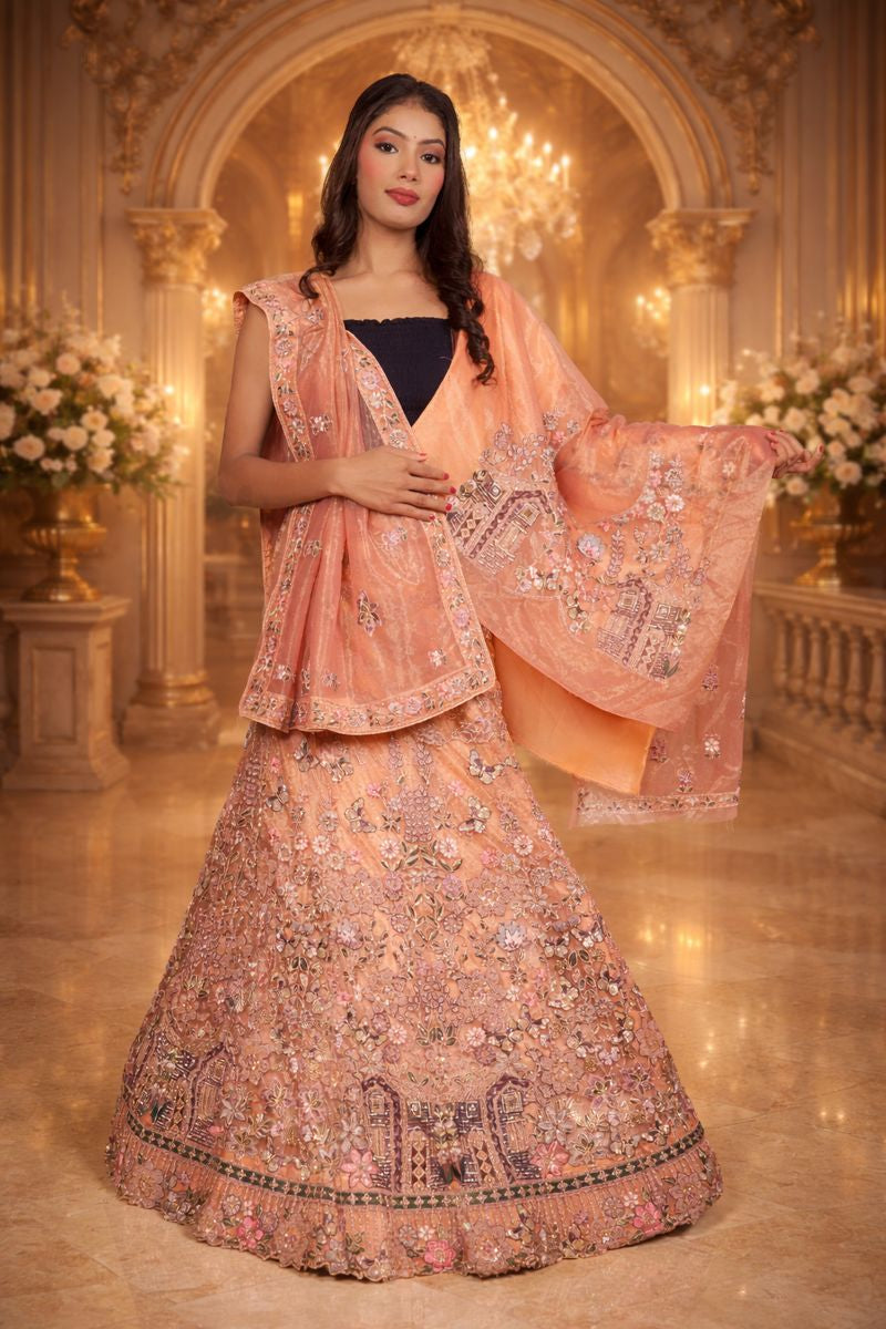 Copper Net Lehenga with Sequin & Cutdana Embroidery, Net Blouse and Dupatta