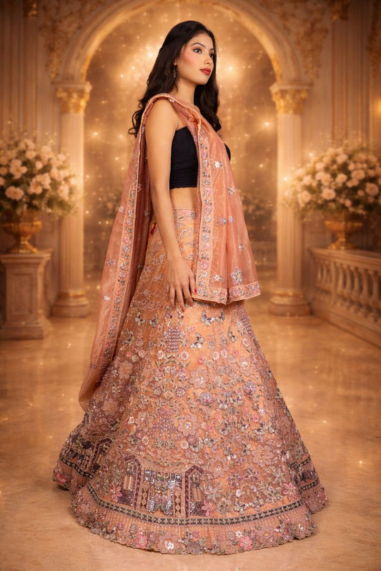 Copper Net Lehenga with Sequin & Cutdana Embroidery, Net Blouse and Dupatta