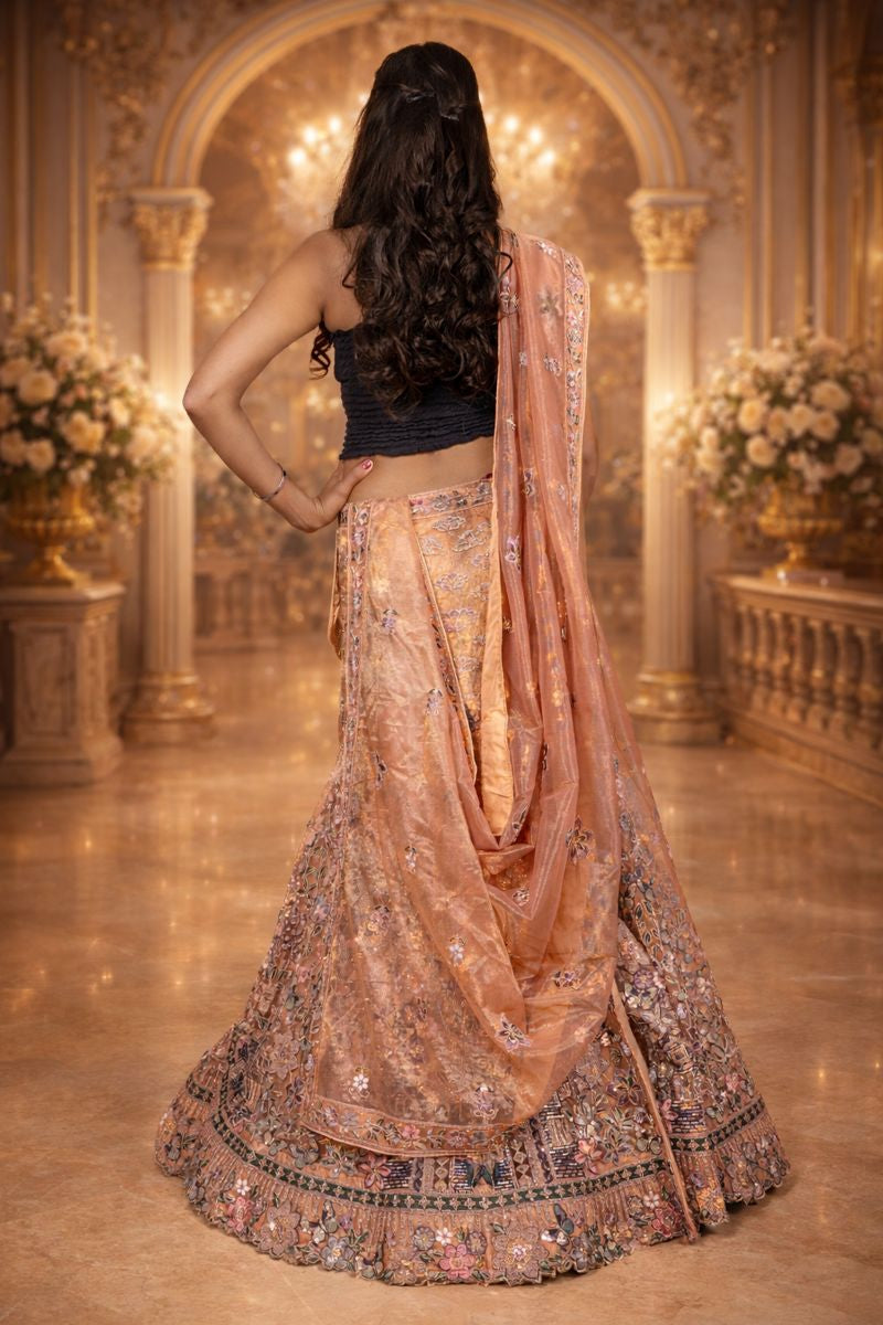 Copper Net Lehenga with Sequin & Cutdana Embroidery, Net Blouse and Dupatta