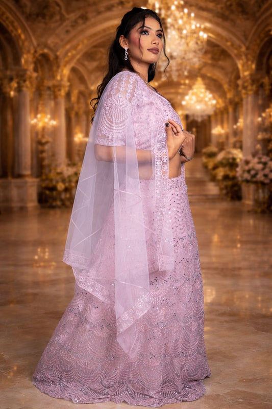 Pink Net Crop Top with Chikankari and Shisha Mirror Work Embroidery