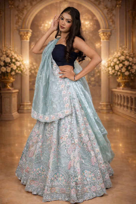 Pista Green Art Silk Lehenga with Sequin Embroidery & Sheer Dupatta
