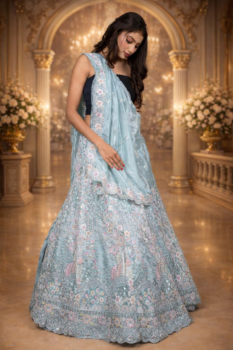 Pista Green Art Silk Lehenga with Sequin Embroidery & Sheer Dupatta