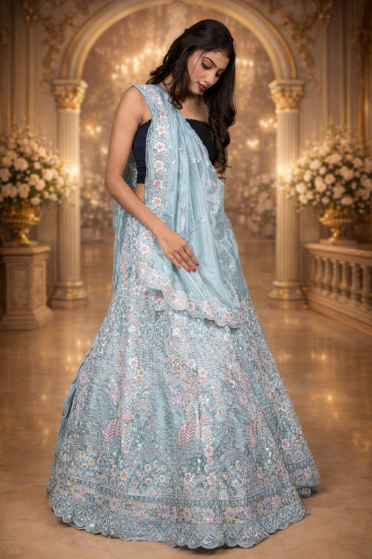 Pista Green Art Silk Lehenga with Sequin Embroidery & Sheer Dupatta