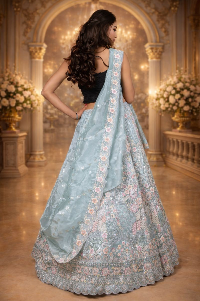 Pista Green Art Silk Lehenga with Sequin Embroidery & Sheer Dupatta