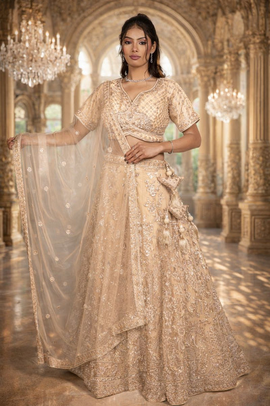 Golden Net Lehenga with Cut Dana, Sequin & Bead Embroidery, Blouse and Dupatta