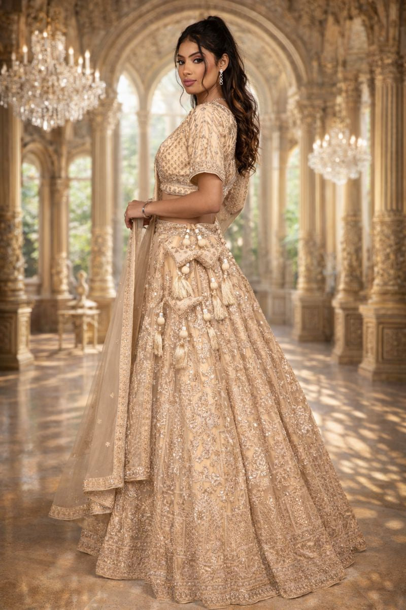 Golden Net Lehenga with Cut Dana, Sequin & Bead Embroidery, Blouse and Dupatta