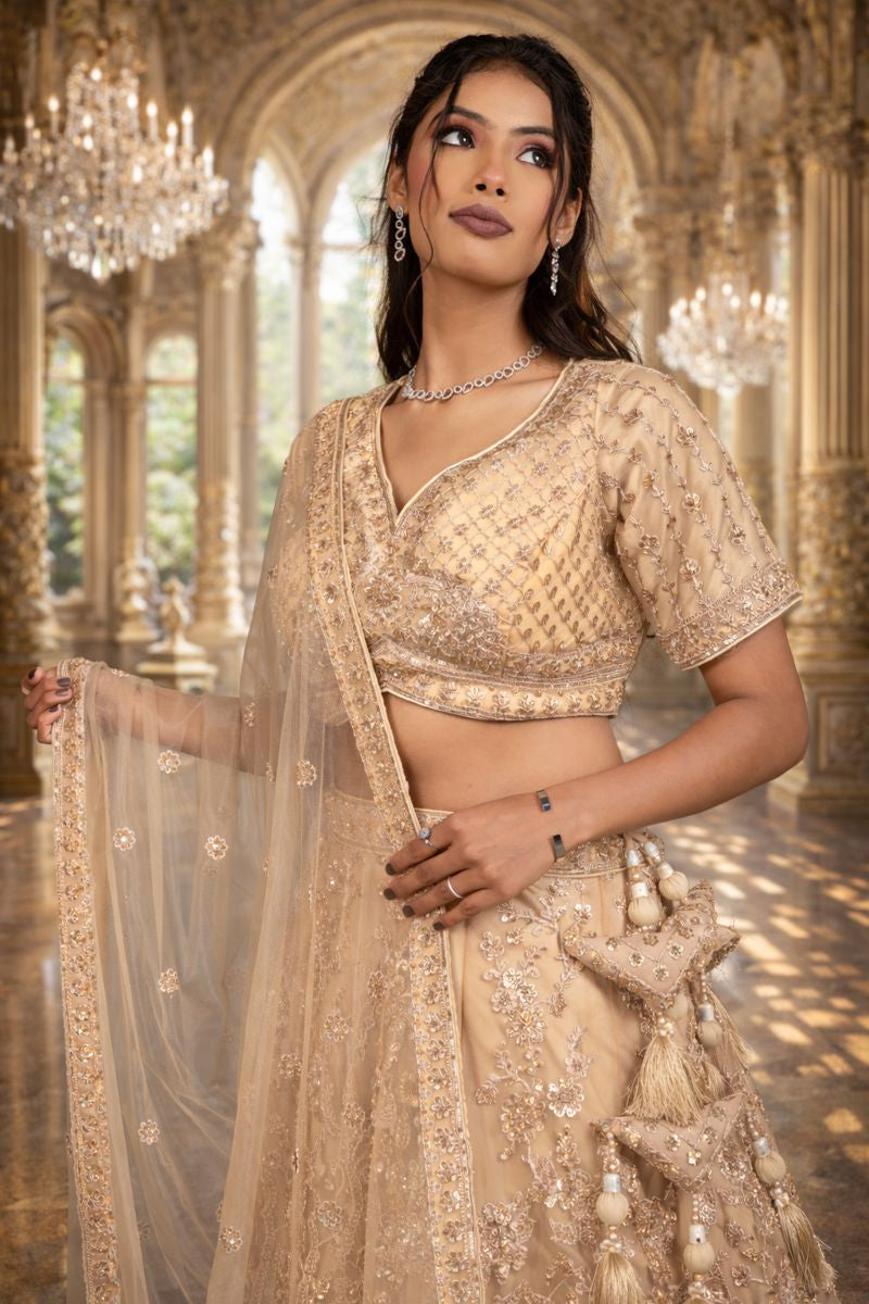 Golden Net Lehenga with Cut Dana, Sequin & Bead Embroidery, Blouse and Dupatta