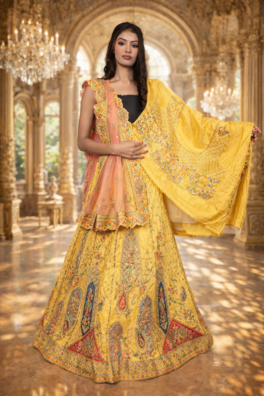 Lemon Yellow Zardozi Embroidered Lehenga with Pink Dupatta
