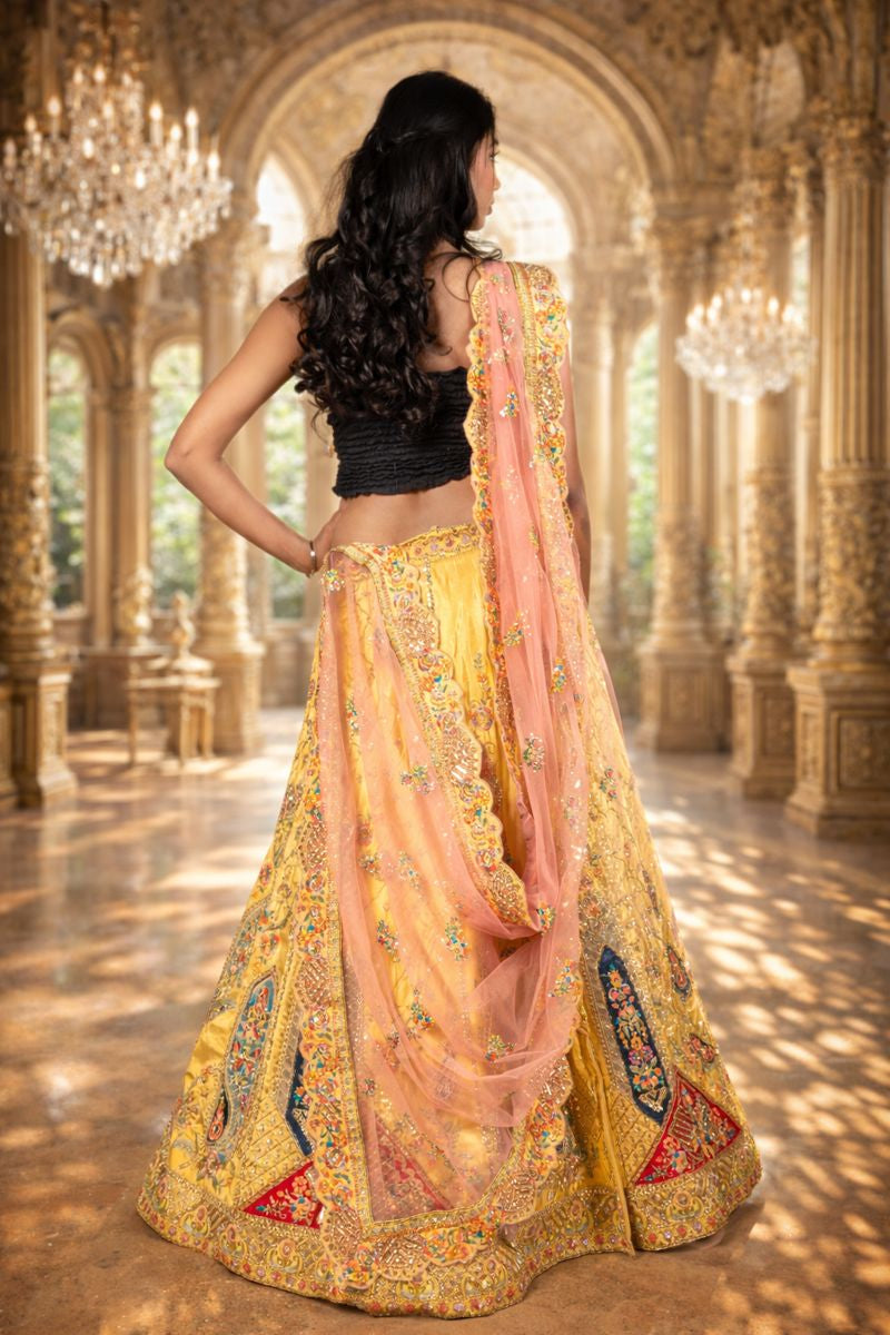 Lemon Yellow Zardozi Embroidered Lehenga with Pink Dupatta
