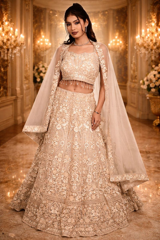 Golden Light Brown Net Crop Top with Stone, Sequin & Thread Embroidery, Blouse and Dupatta