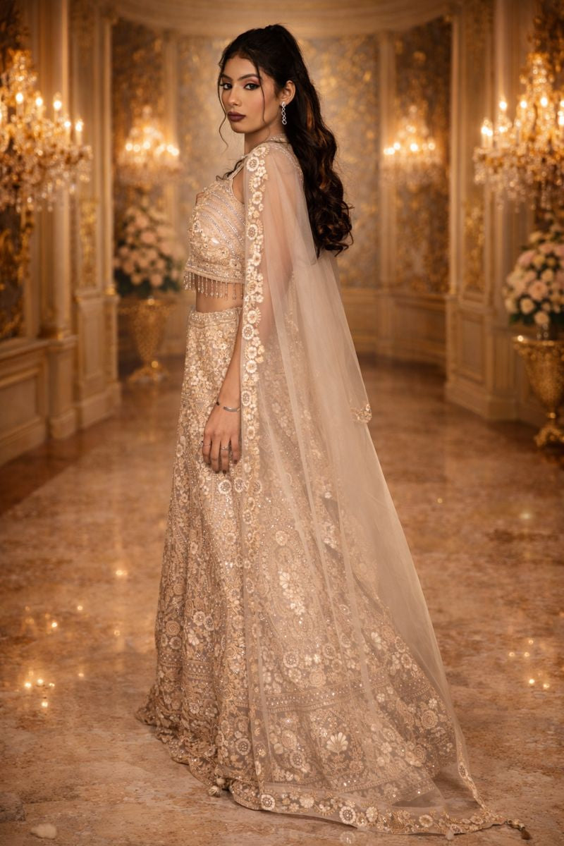 Golden Light Brown Net Crop Top with Stone, Sequin & Thread Embroidery, Blouse and Dupatta