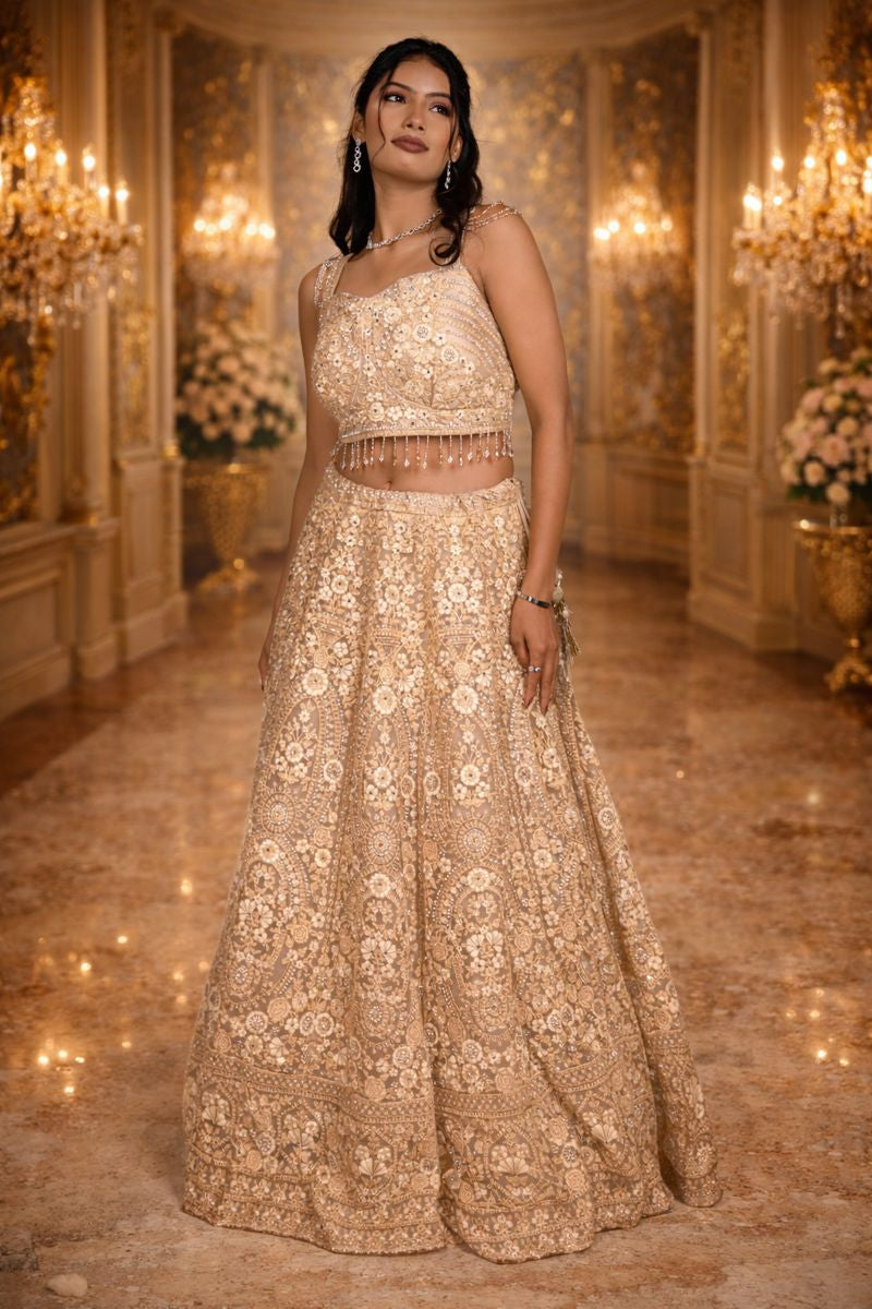Golden Light Brown Net Crop Top with Stone, Sequin & Thread Embroidery, Blouse and Dupatta