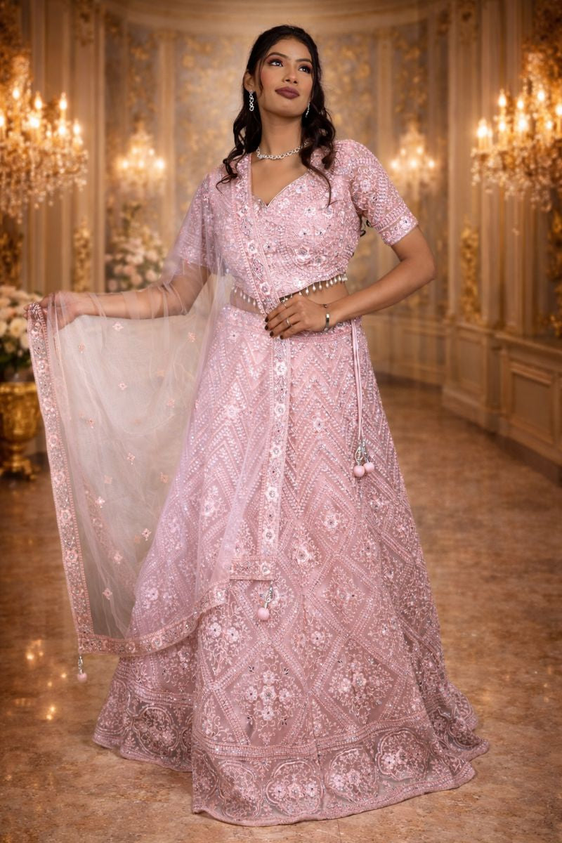 Dusty Pink Net Crop Top with Silver Sequin, Mirror & Pink Thread Embroidery