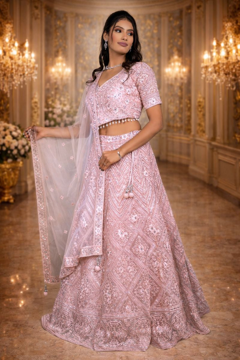 Dusty Pink Net Crop Top with Silver Sequin, Mirror & Pink Thread Embroidery