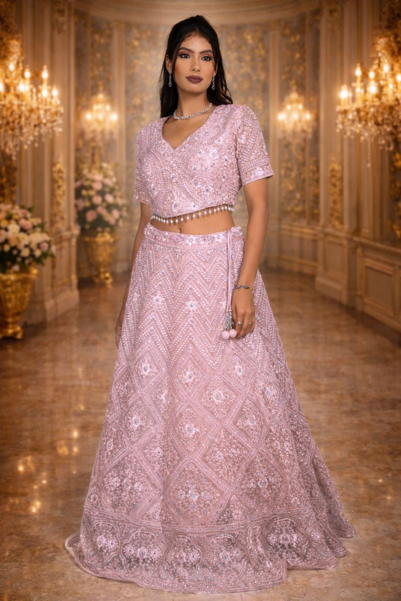 Dusty Pink Net Crop Top with Silver Sequin, Mirror & Pink Thread Embroidery