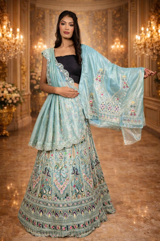 Bluish Grey Sequin Embroidered Lehenga with Net Dupatta