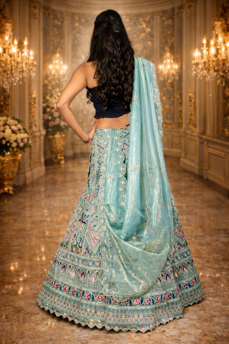 Bluish Grey Sequin Embroidered Lehenga with Net Dupatta