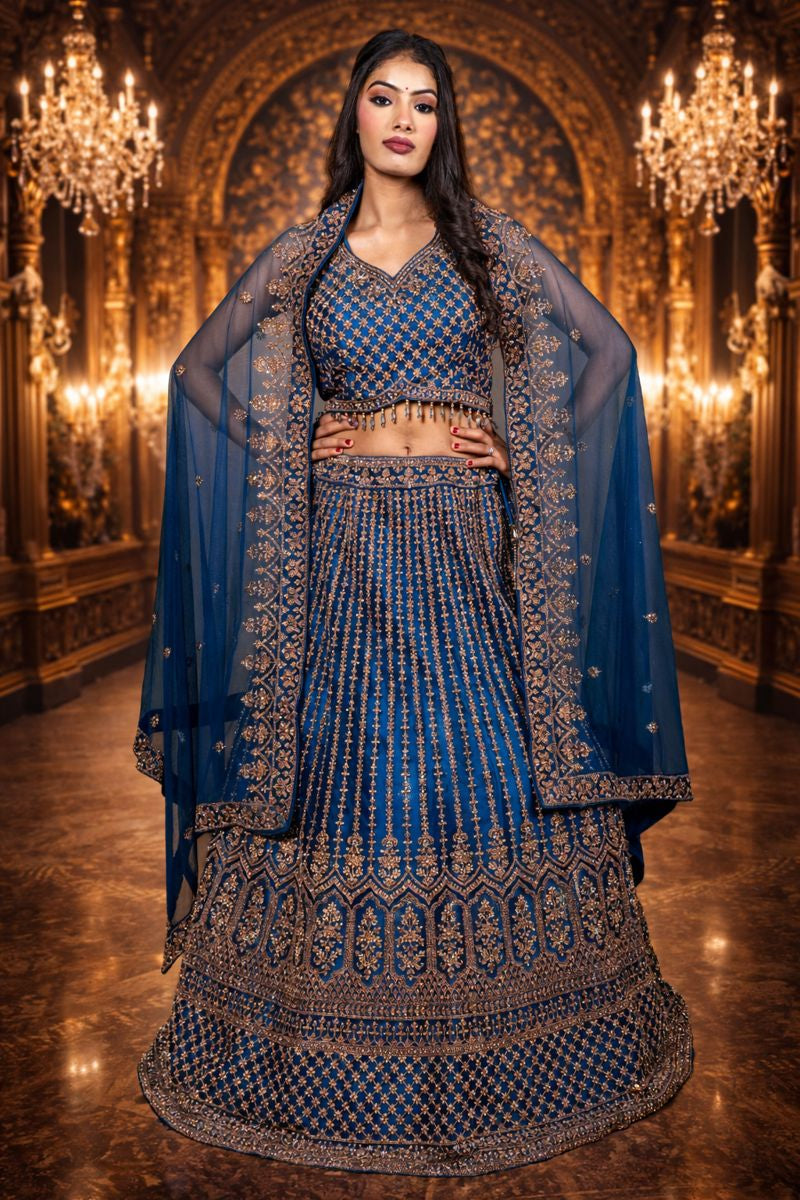 Rama Blue Crop Top with Diamond Work, Net Blouse and Embroidered Dupatta