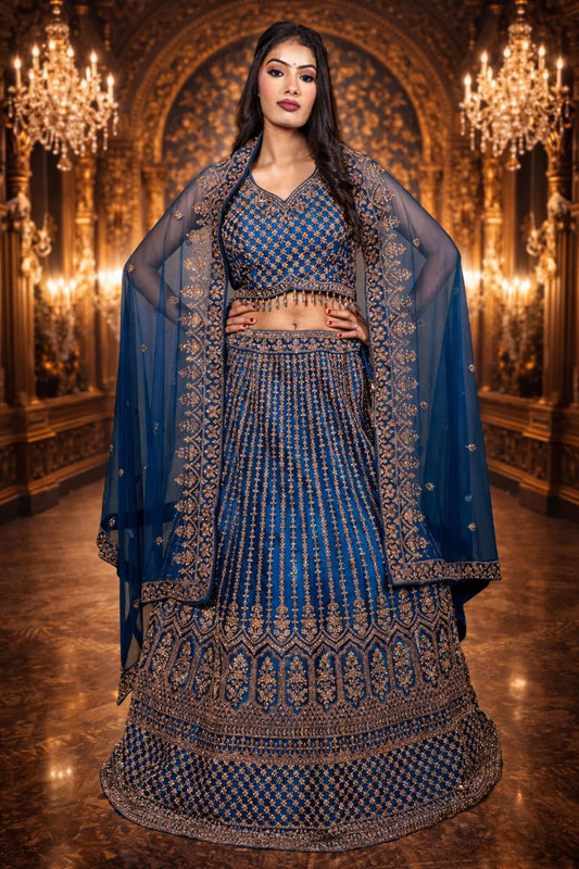 Rama Blue Crop Top with Diamond Work, Net Blouse and Embroidered Dupatta