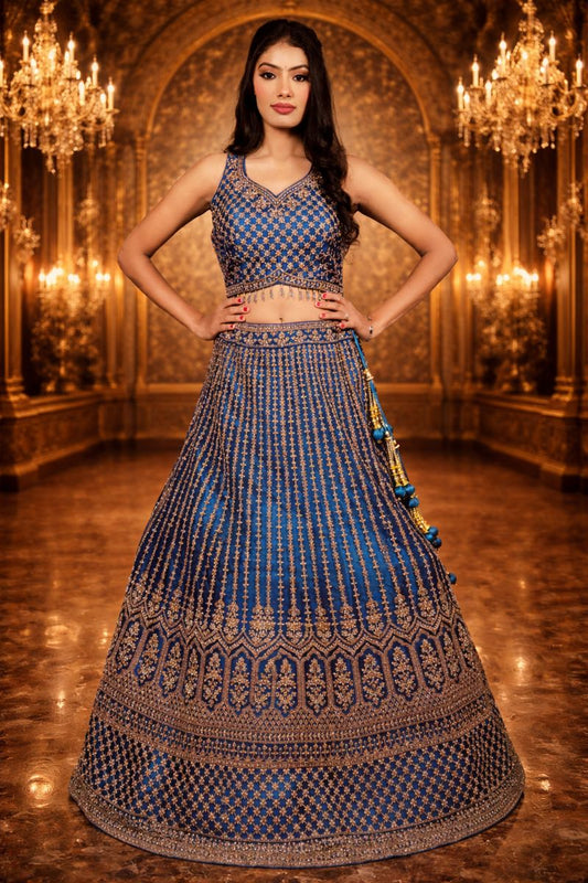 Rama Blue Crop Top with Diamond Work, Net Blouse and Embroidered Dupatta