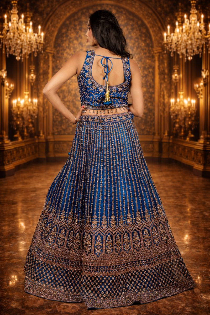 Rama Blue Crop Top with Diamond Work, Net Blouse and Embroidered Dupatta