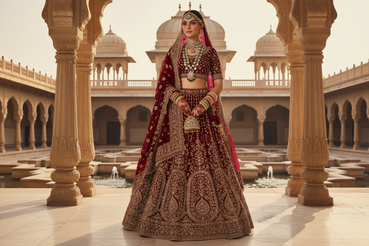 Luxury Indian bride wearing designer bridal lehenga with heavy embroidery, premium jewelry, elegant royal palace background, soft golden lighting, high fashion photoshoot, ultra realistic, detailed fabric texture, luxury wedding brand style, clean composition, 4K quality