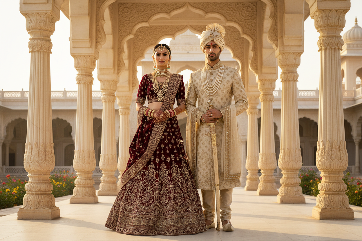 Luxury Indian wedding fashion banner, royal bride and groom wearing premium designer lehenga and sherwani, rich embroidery, elegant royal palace background, warm golden lighting, premium luxury fashion photoshoot, ultra realistic, high detail fabric texture, cinematic, website hero banner, luxury brand aesthetic, clean composition, space for text, 16:9 ratio