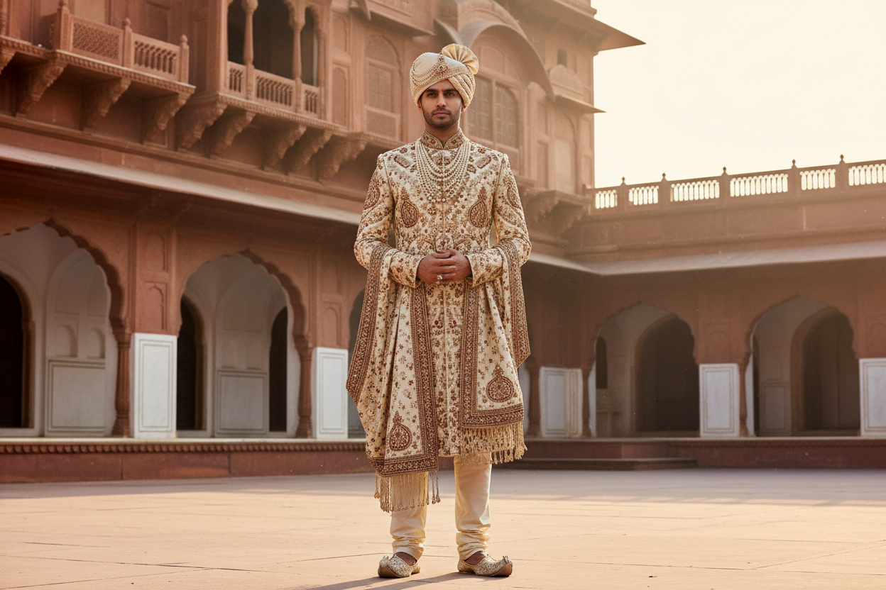 Royal Indian groom wearing premium sherwani with intricate embroidery and stole, heritage palace background, cinematic lighting, luxury fashion photoshoot, ultra detailed fabric texture, premium wedding wear brand look, ultra realistic, 4K